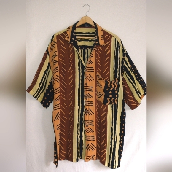 Men's Tribal Pattern Brown and Black Striped Shirt Size 3XL - Picture 1 of 4